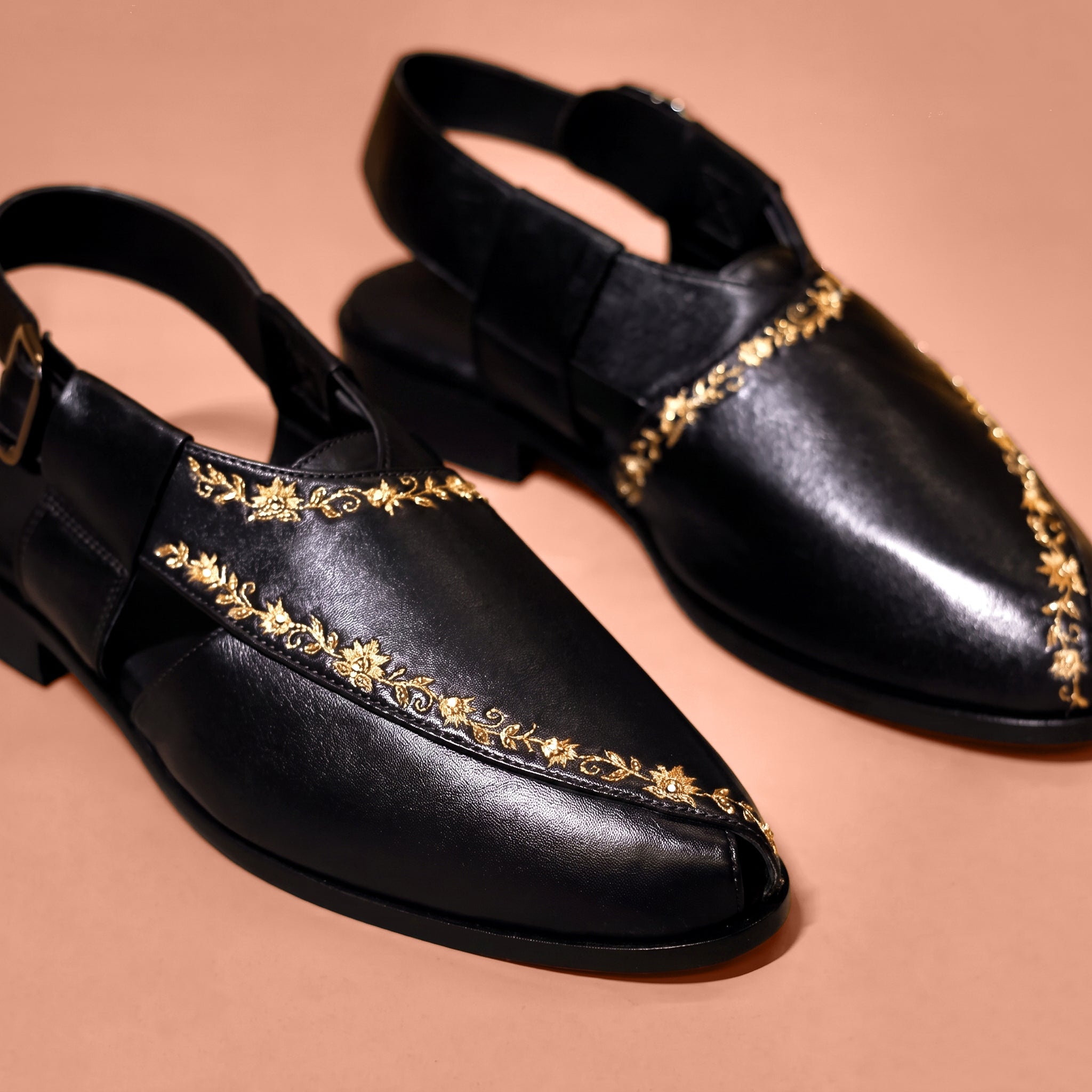 Black embroidered leather Peshawari for men