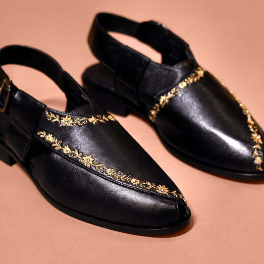 Black embroidered leather Peshawari for men
