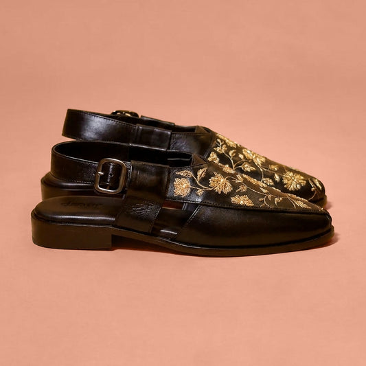 Black leather Peshawari with gold floral embroidery