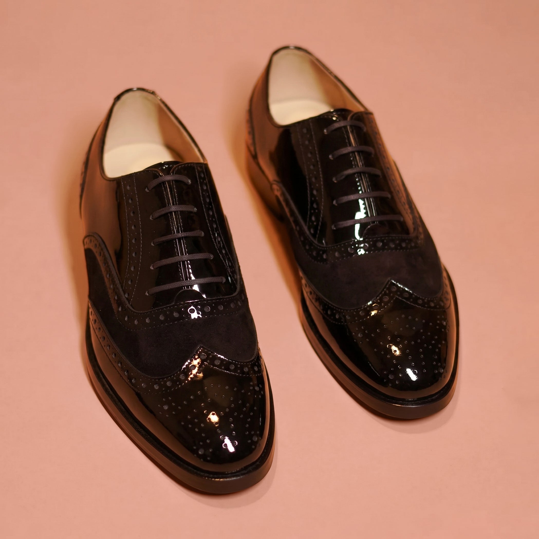 Black patent and suede brogue Oxford shoe for men