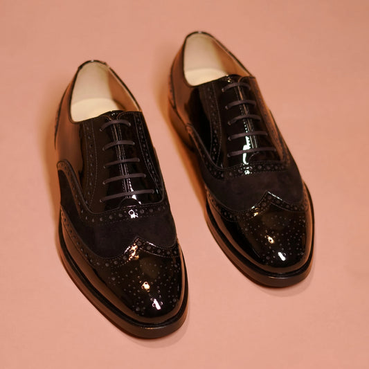 Black patent and suede brogue Oxford shoe for men