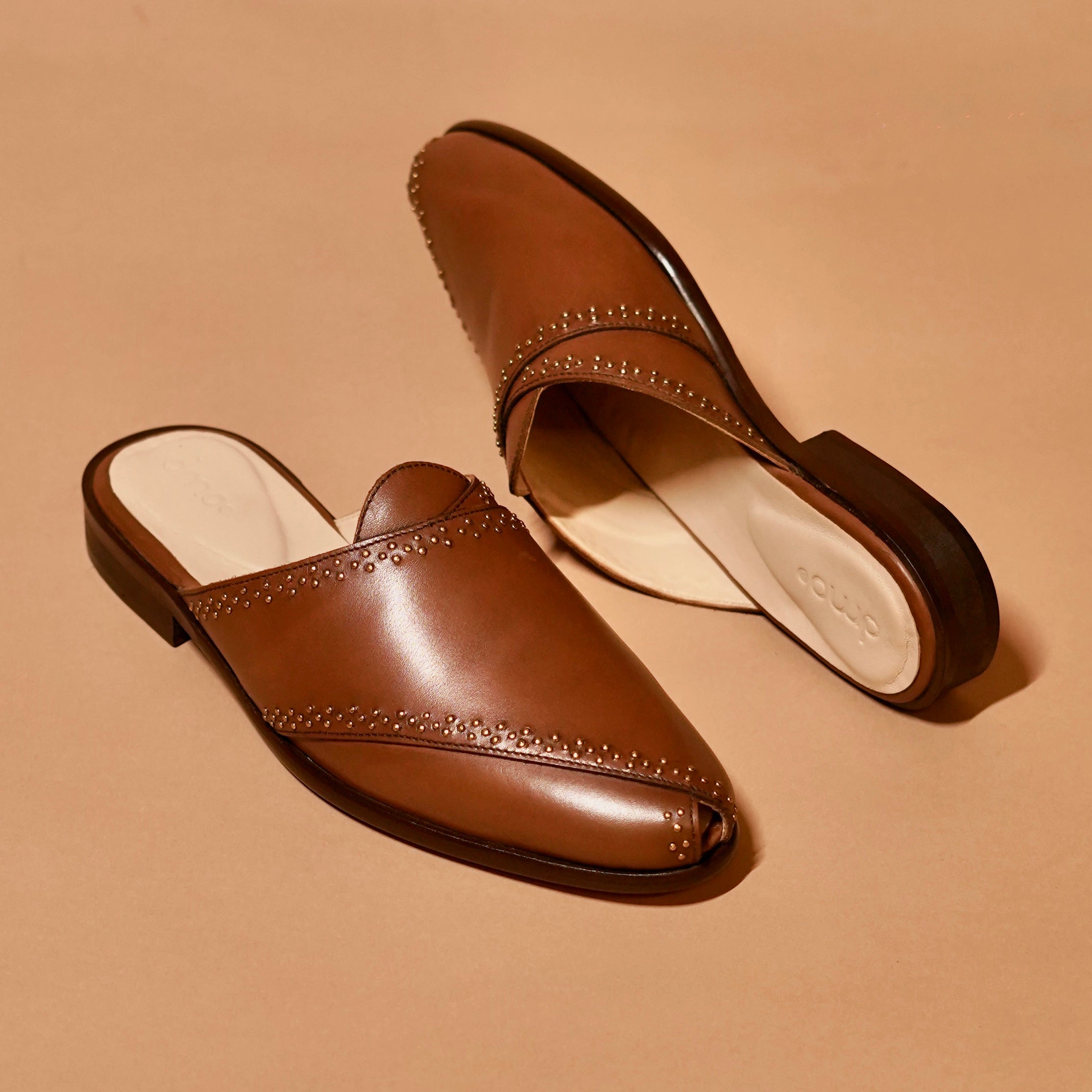Top view of Hoffler Bruno Riveto brown Peshawari-style mule with rivet accents