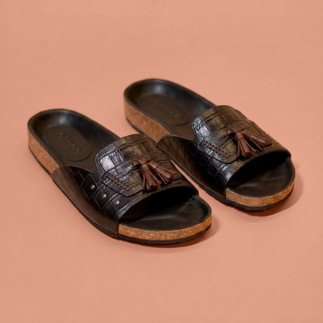 Croc embossed leather cork slide for men