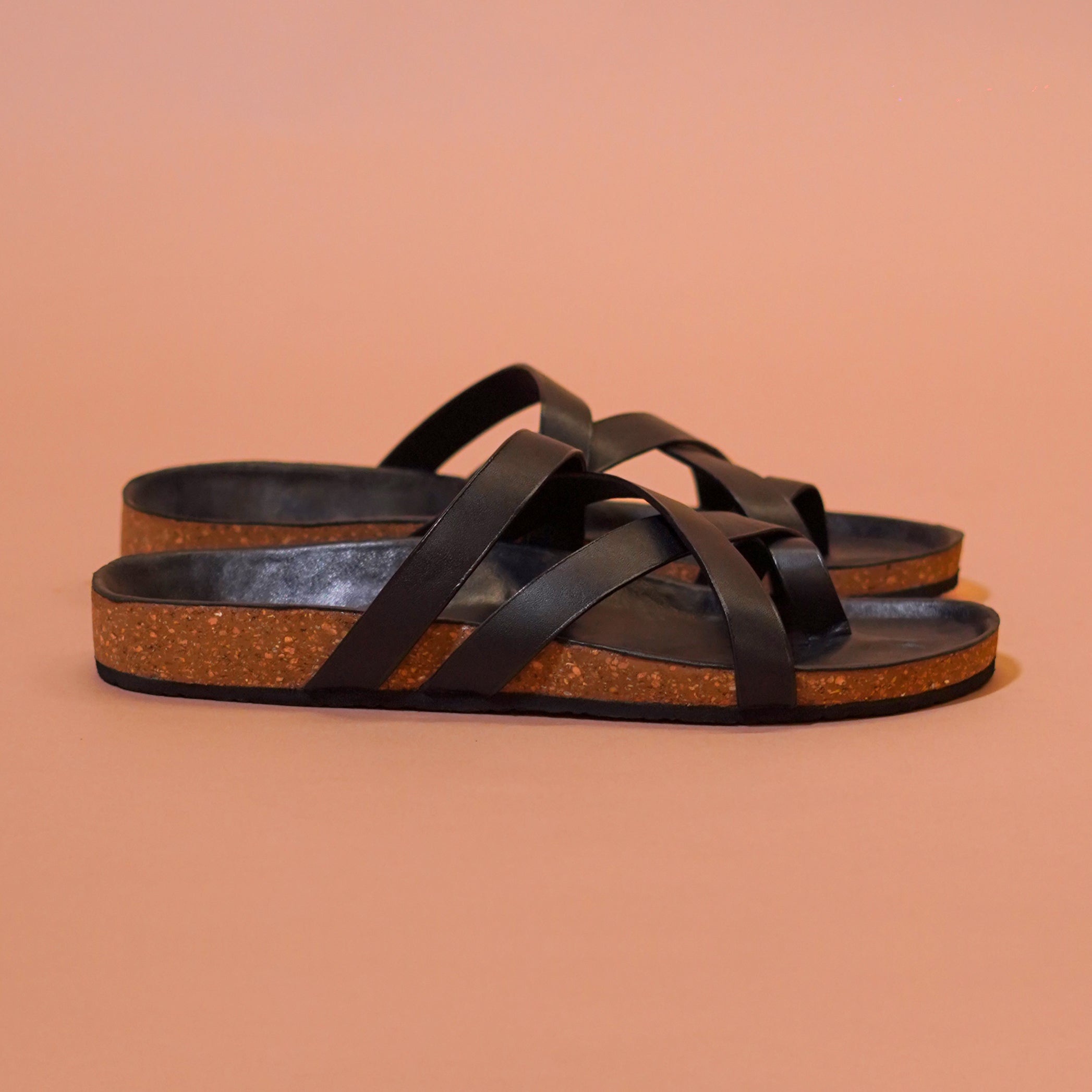 Pelle Corko Americano | Black Leather Cork Chappals