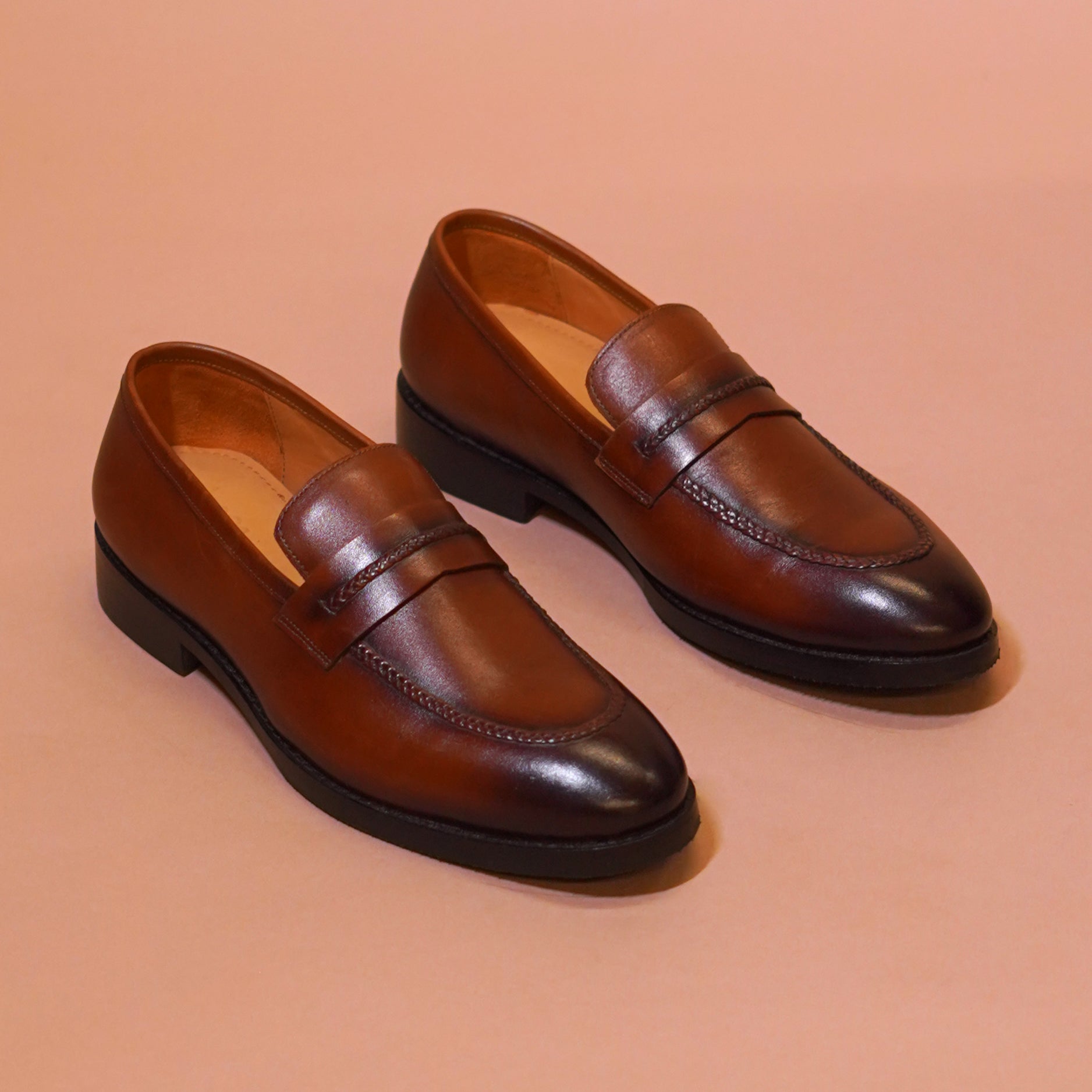 Brown burnished penny loafer for men