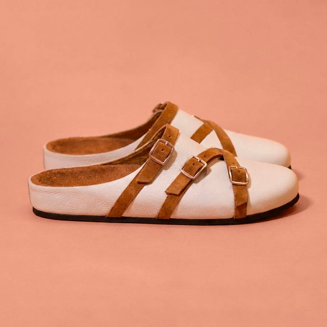 Corko Bianco Tanino – White Leather Clog with Tan Straps for Men