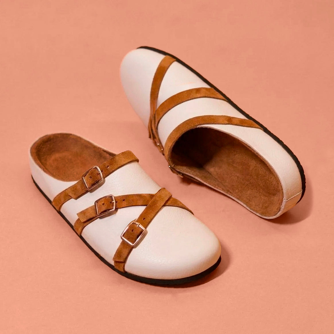 Corko Bianco Tanino – White Leather Clog with Tan Straps for Men