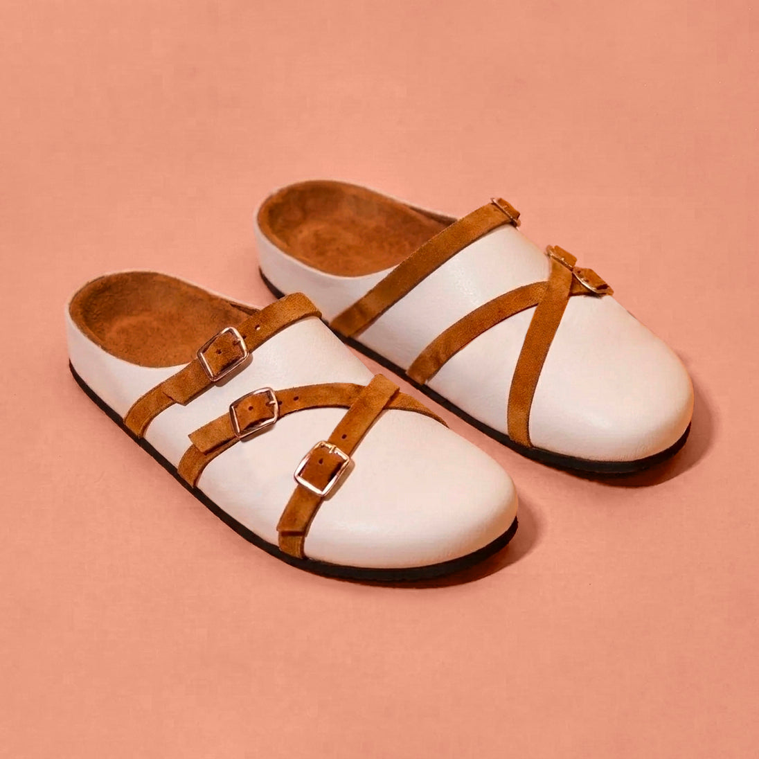 Corko Bianco Tanino – White Leather Clog with Tan Straps for Men