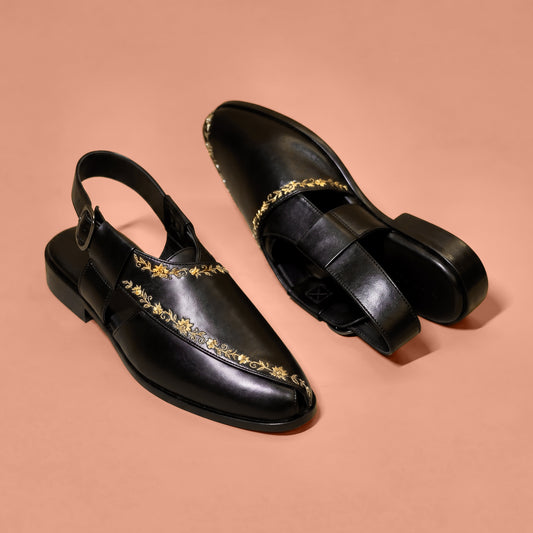 Formal black leather Peshawari with leather sole