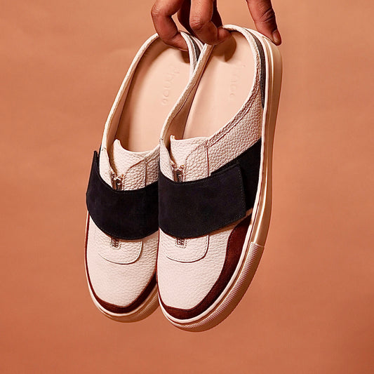 Top view of Freddo Azzurro slip-on with rust suede toe accent