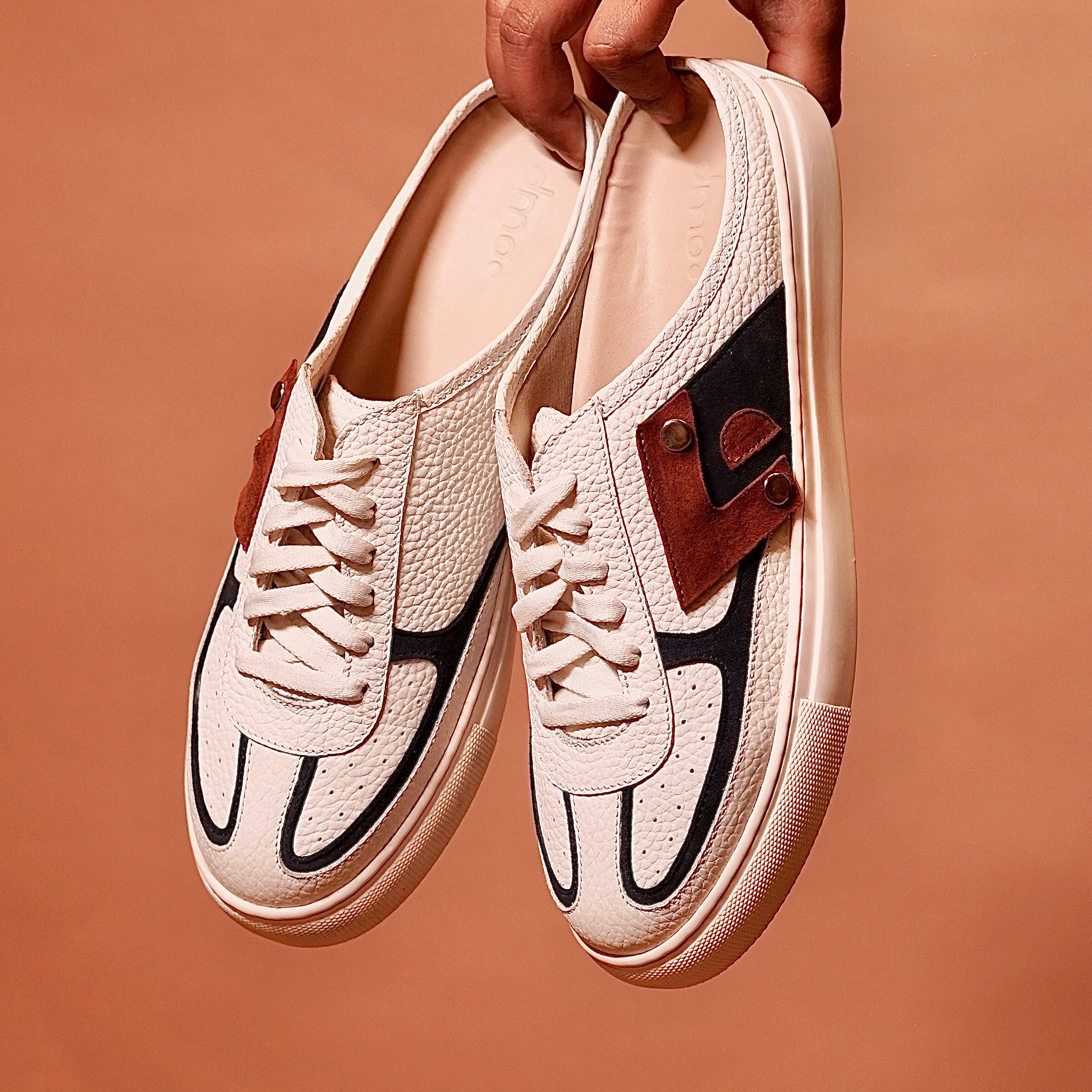 Top view of Freddo Bianco white leather sneaker mule with lace detail