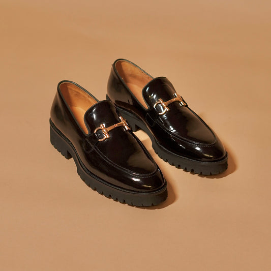 Black patent horsebit loafers for men
