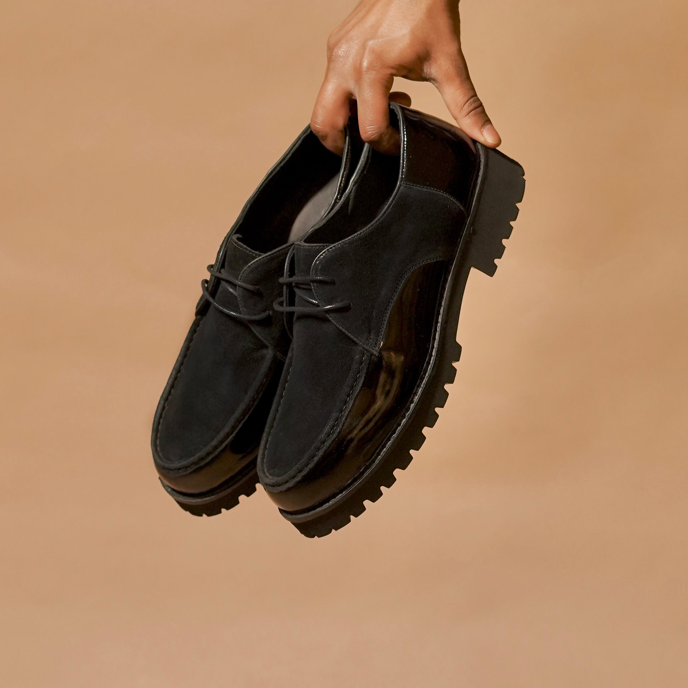Close-up of suede and patent contrast