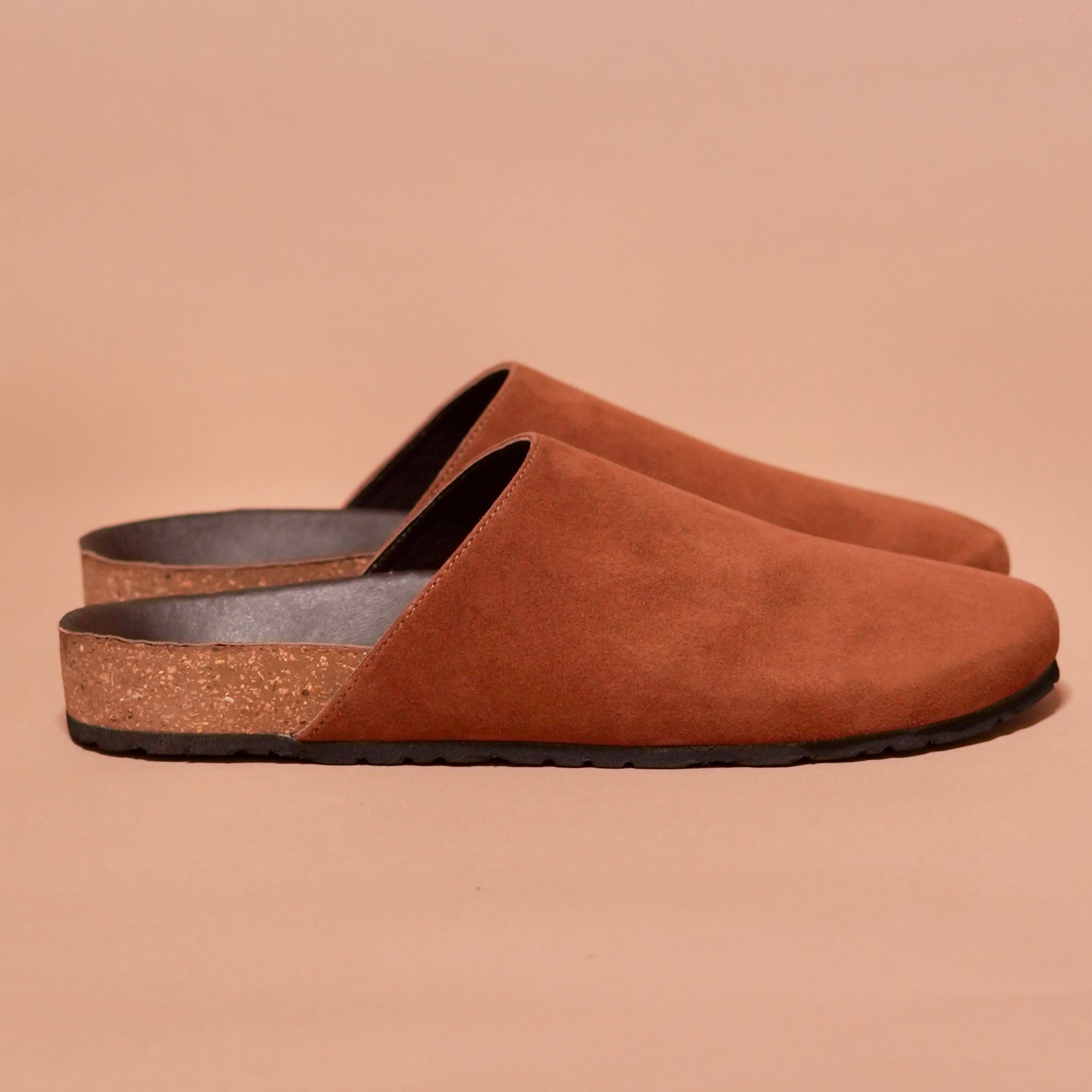Side view of Hoffler Corko Tobacco mule showing suede upper and cork sole