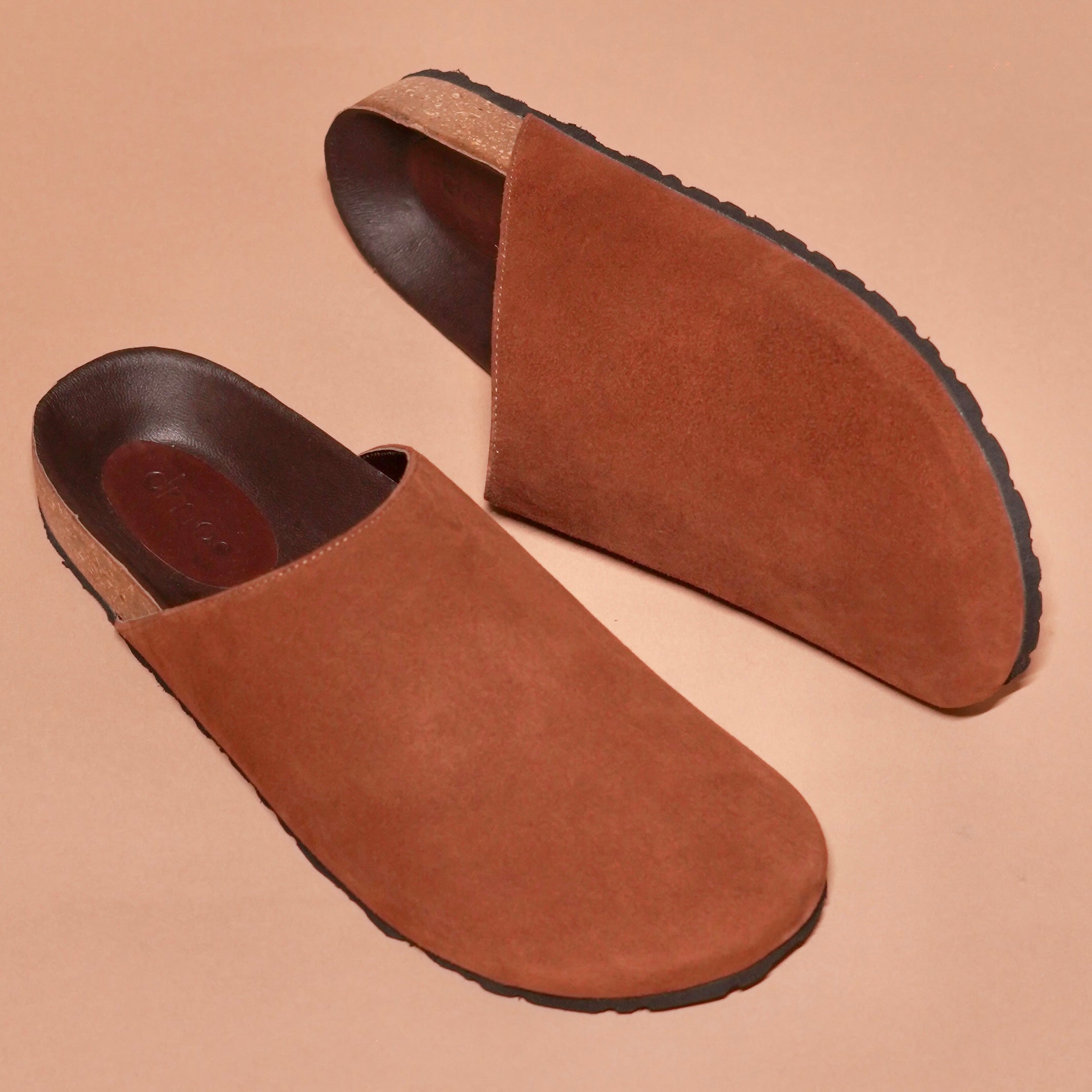 Side view of Hoffler Corko Tobacco mule showing suede upper and cork sole