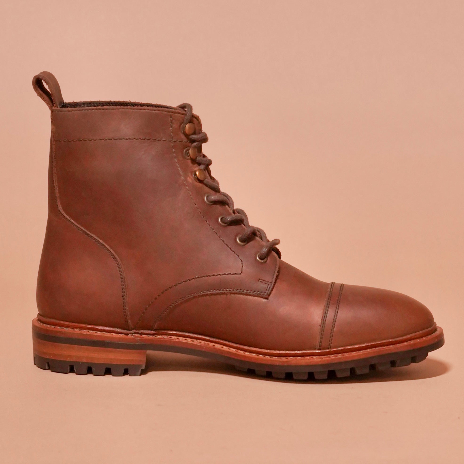 Side view of Sprazzo Welto Chocro boot showcasing cap toe and rugged leather texture