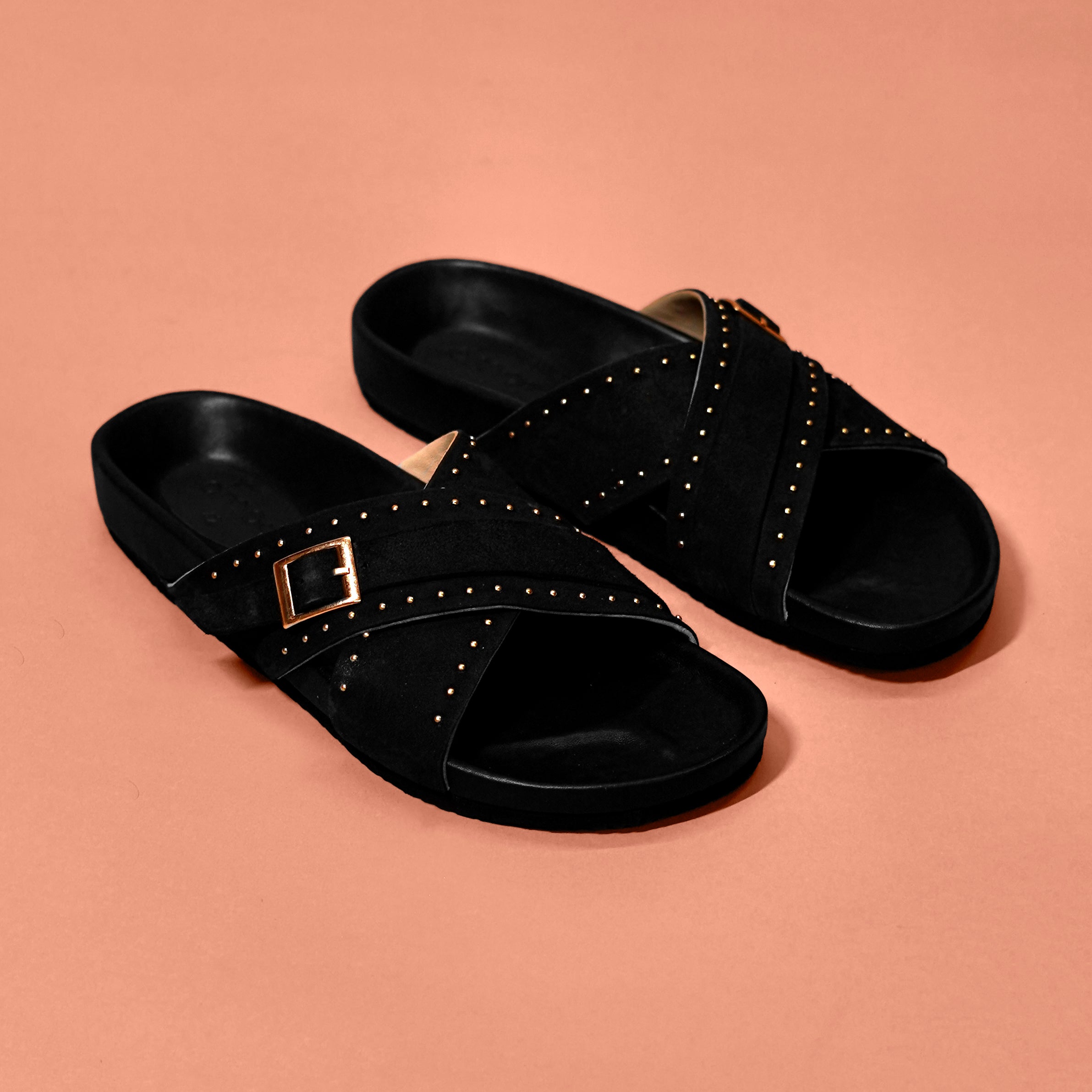 Corko Ferro Nero – Black Suede Cross Cork Sandals for Men