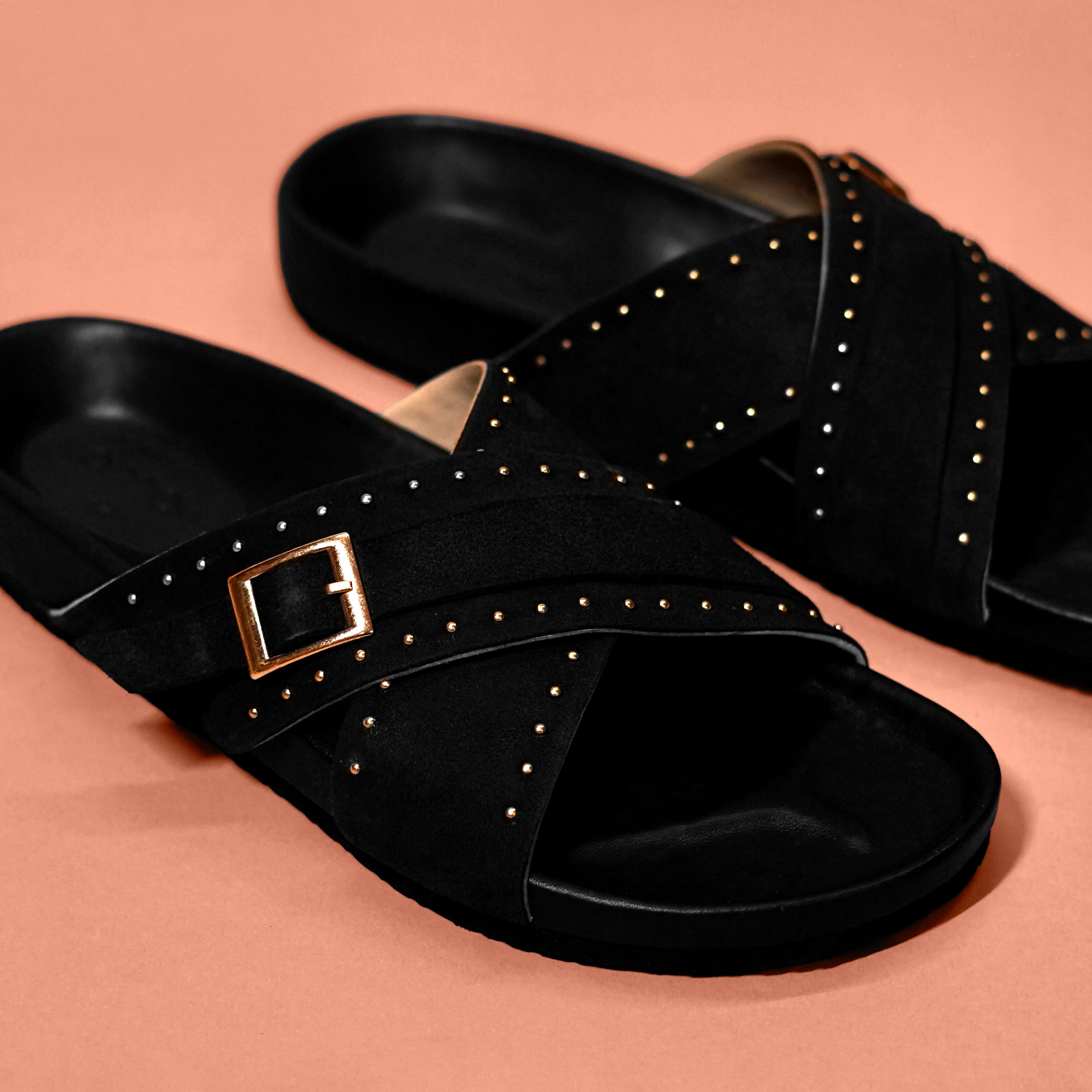 Corko Ferro Nero – Black Suede Cross Cork Sandals for Men