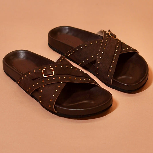 Brown suede cork sandals for women