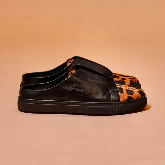 Hair-on leather slip-on mule
