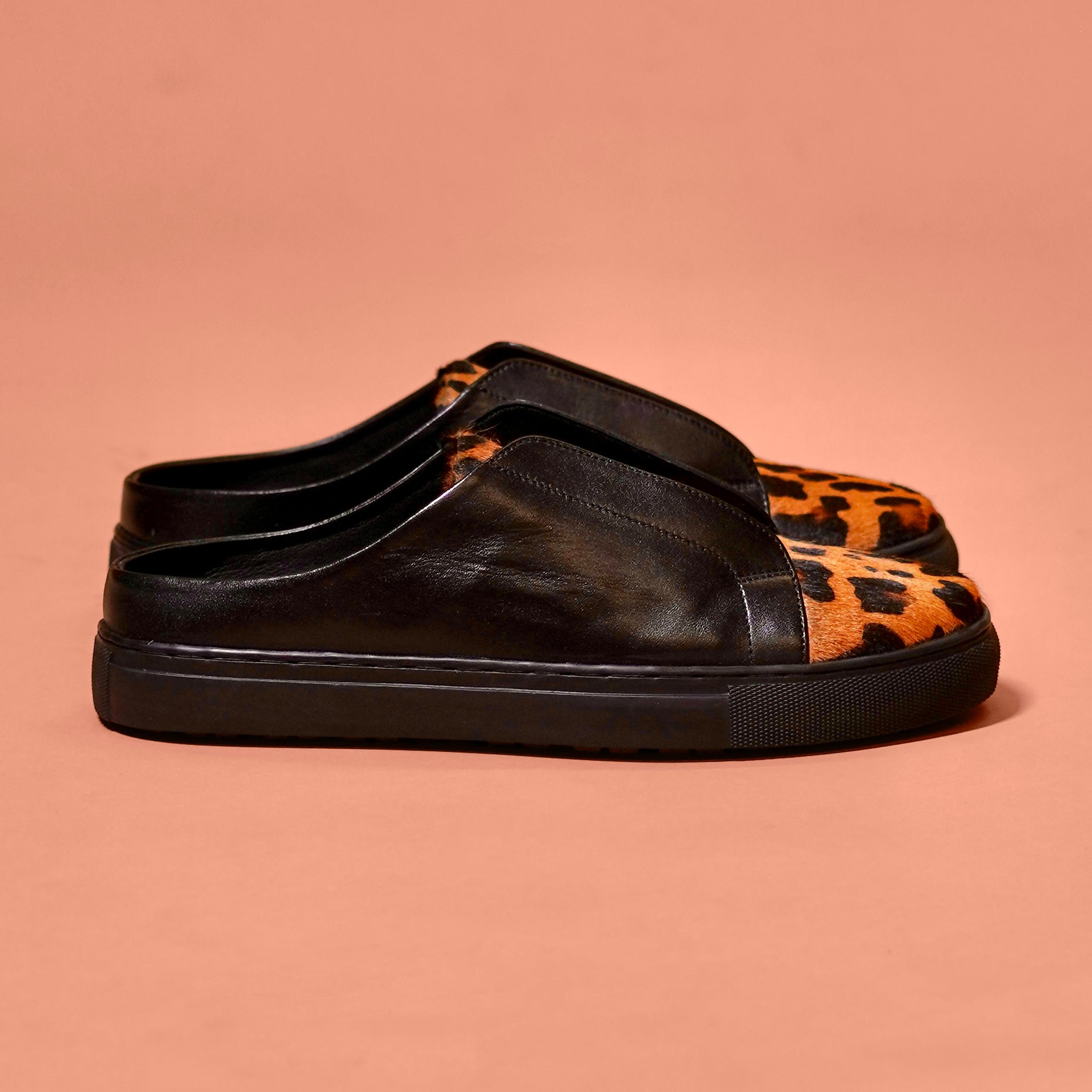 Leopardo Nero Sabot – Black Hair-On Leather Sneaker Mule for Men