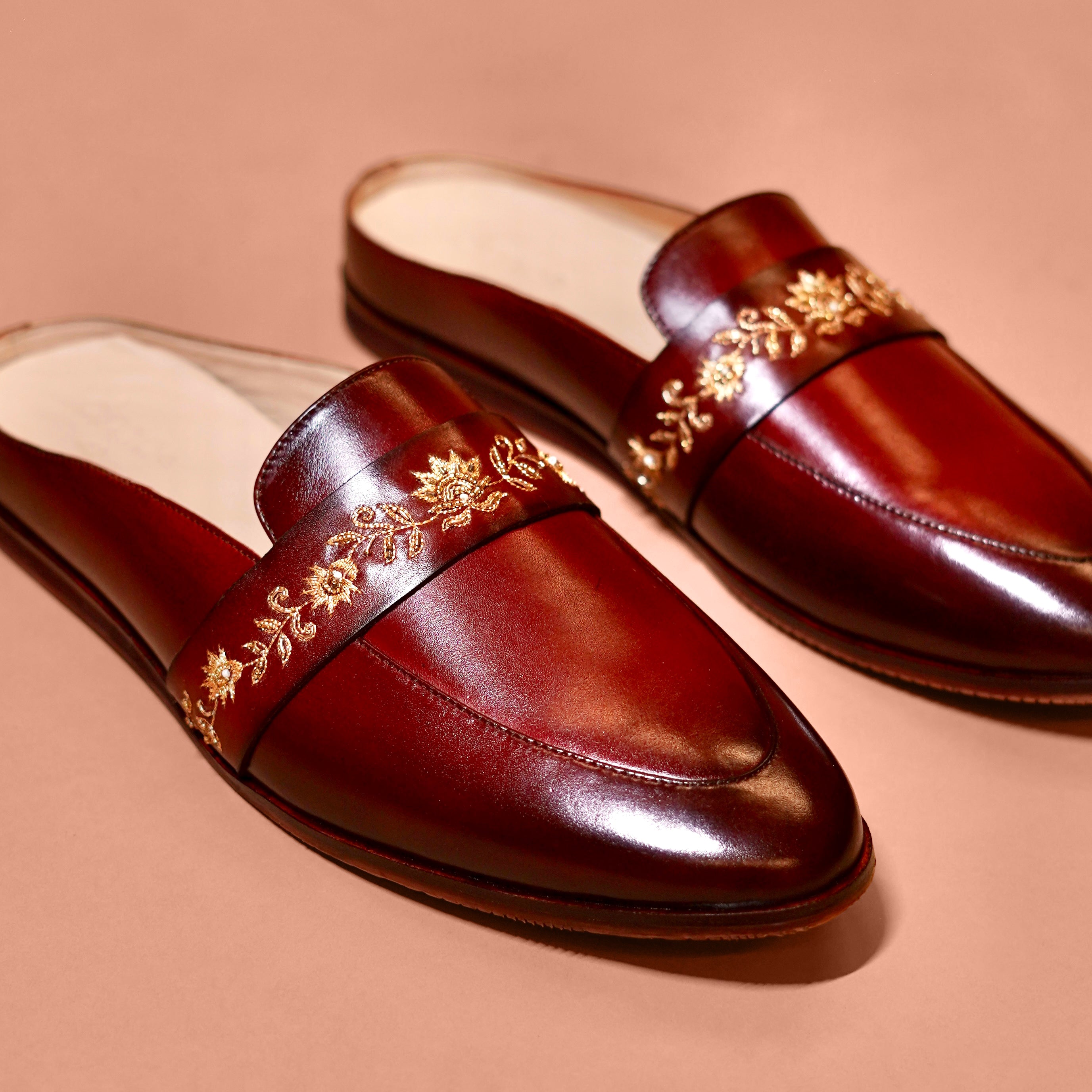 Hoffler Ricamo Rosso – Maroon Embroidered Mules for Men