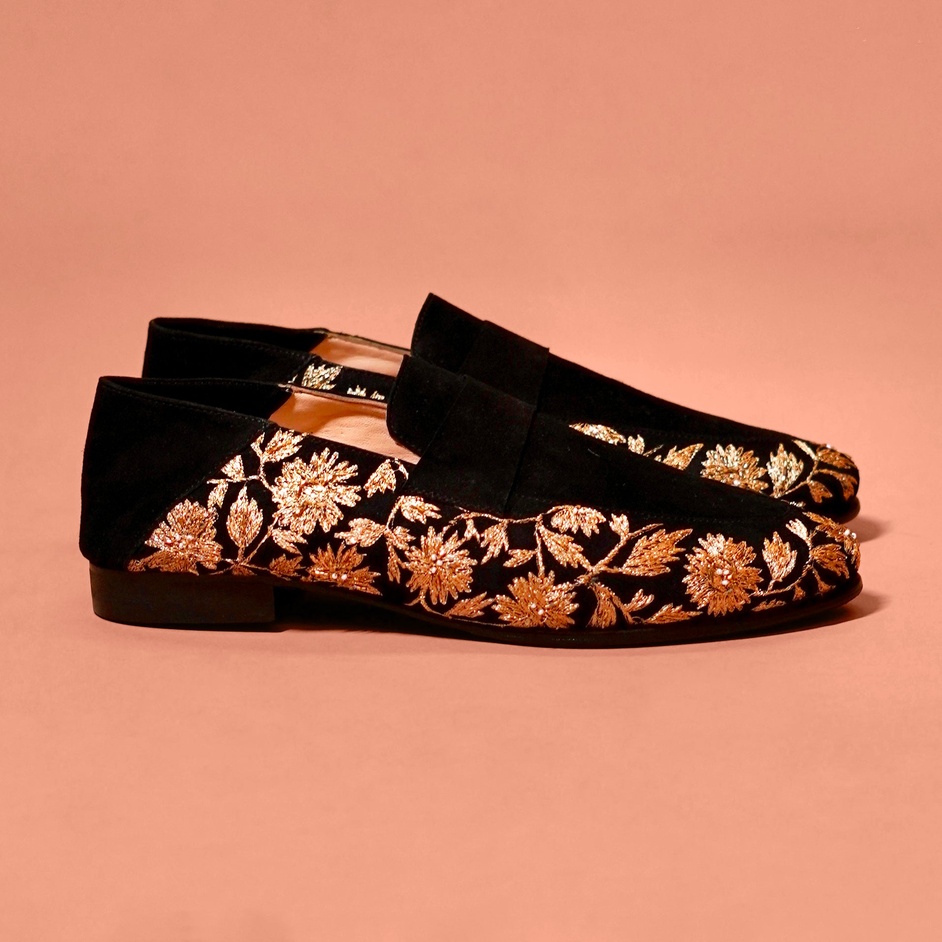 Ethnico Ricamo Oro – Black Suede Gold Embroidered Loafers for Men