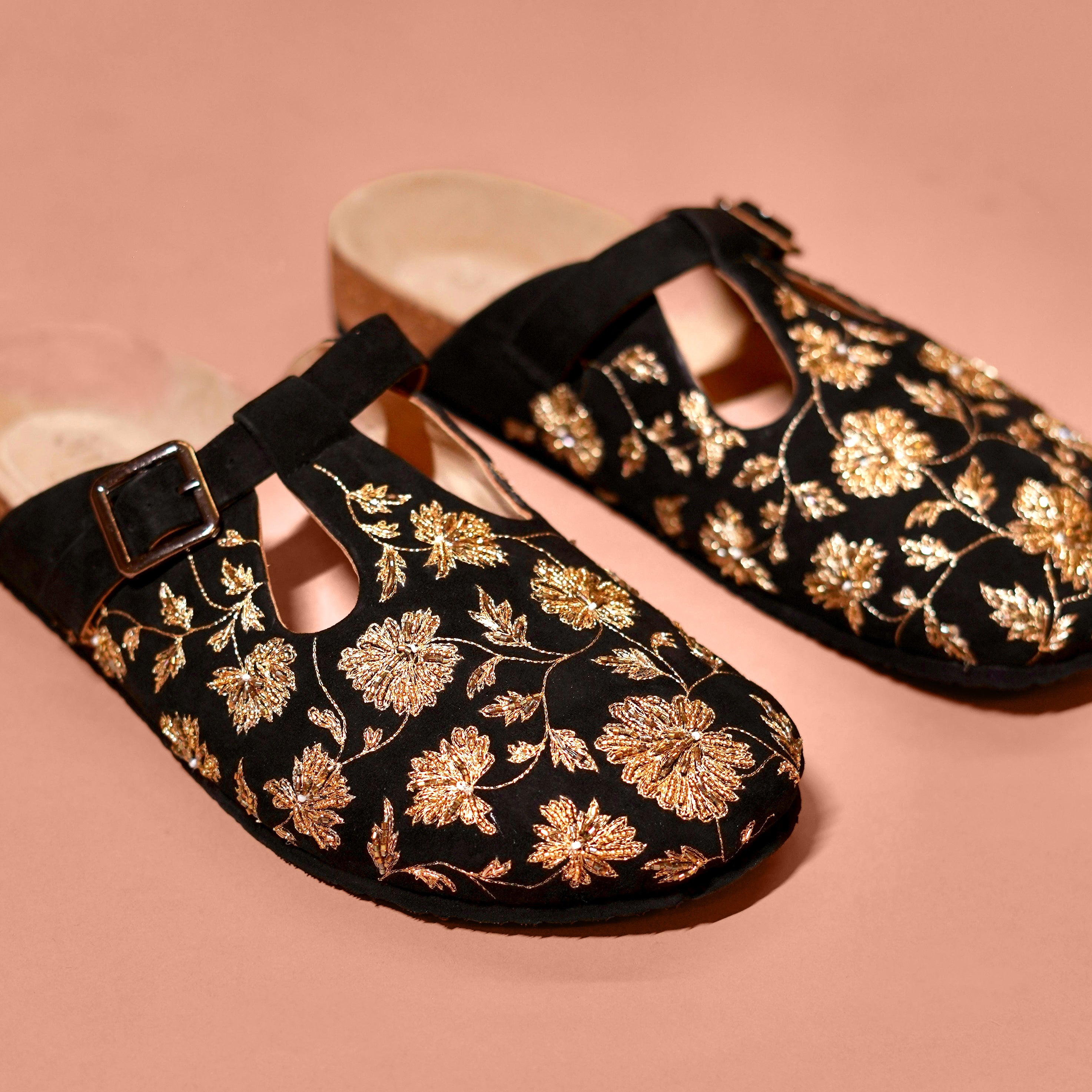 Hoffler Corko Ricamo Nero – Black Suede Embroidered Cork Clog Sandal for Men