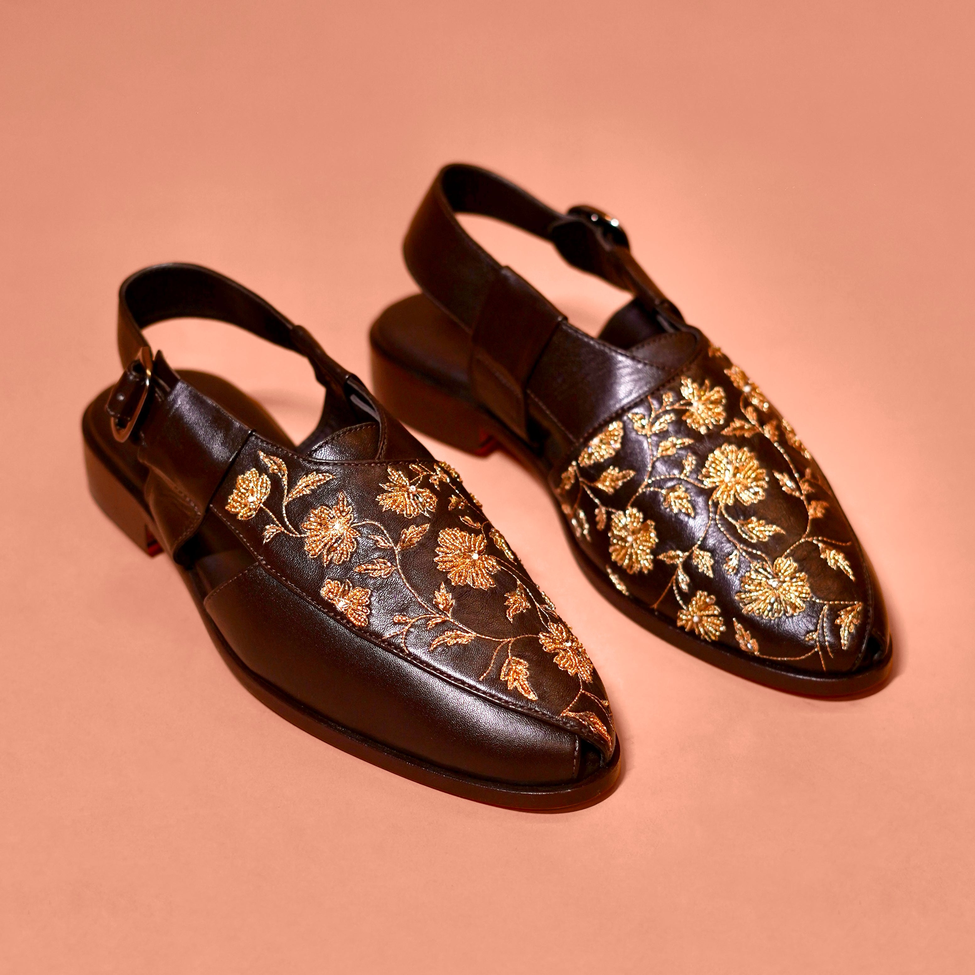 Pesha Ricamo Moro – Brown Floral Embroidered Peshawari Sandals for Men