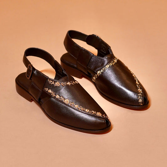 Dark brown embroidered Peshawari sandals for men