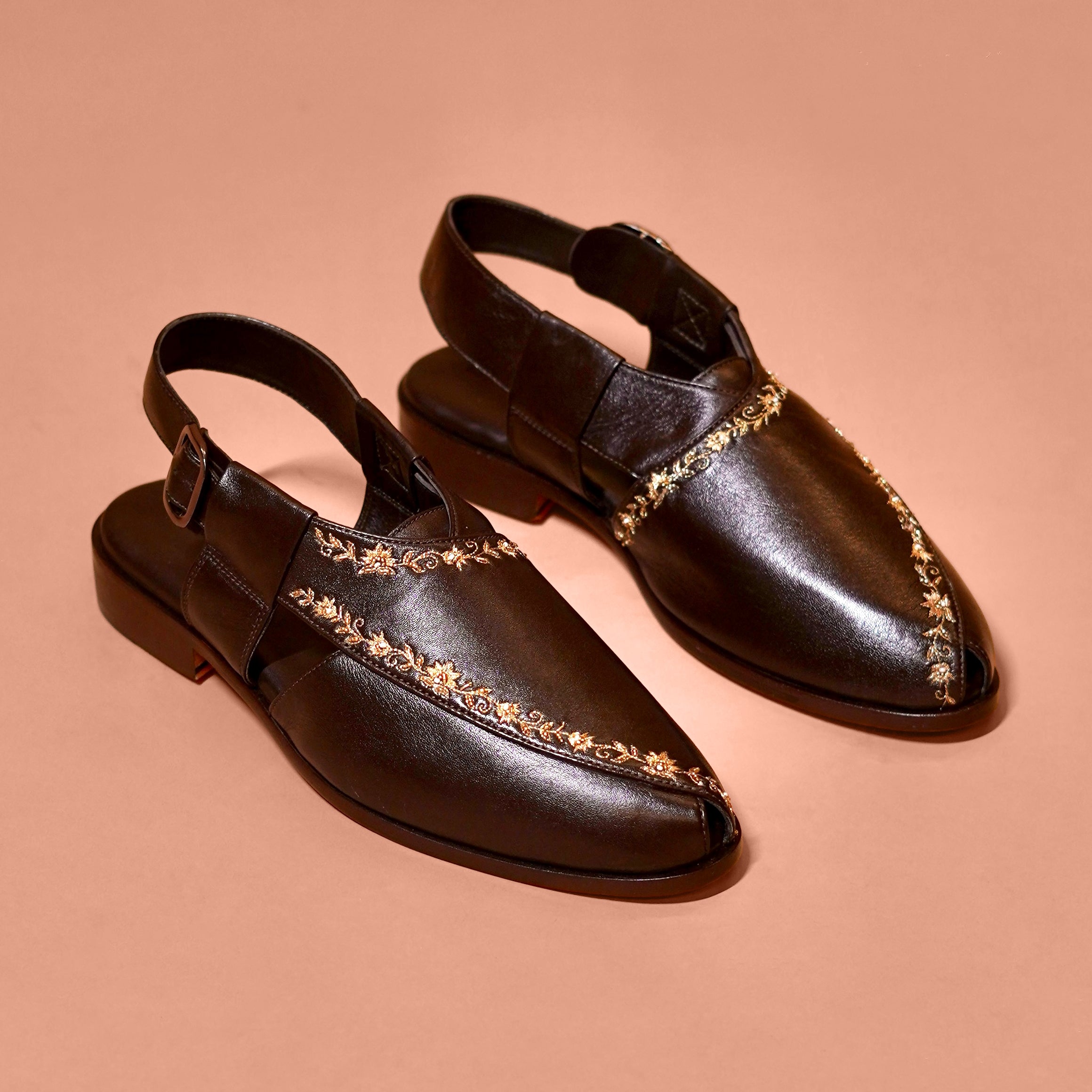 Pesha Ricamo Bruno – Dark Brown Embroidered Peshawari Sandals for Men