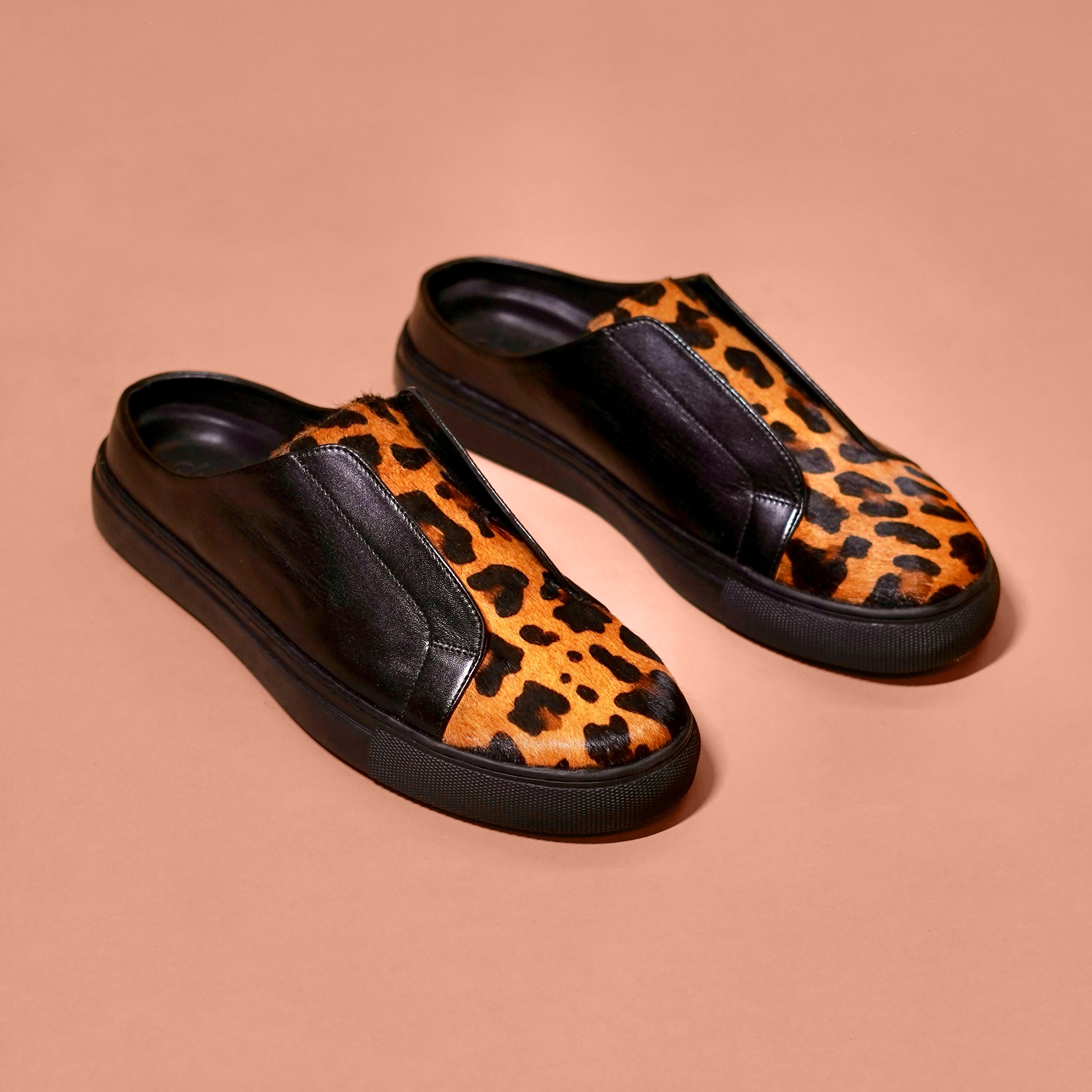Leopardo Nero Sabot – Black Hair-On Leather Sneaker Mule for Men