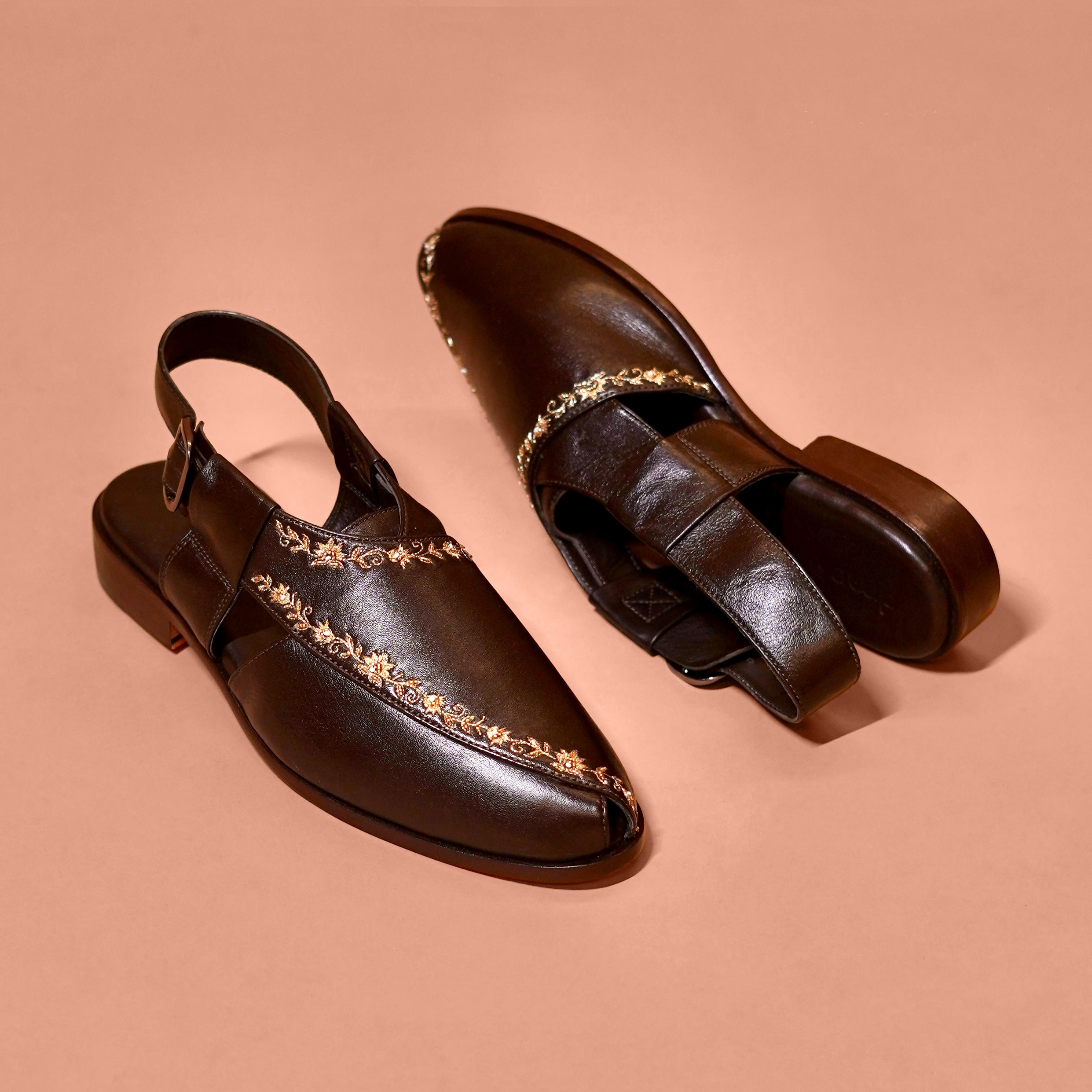 Pesha Ricamo Bruno – Dark Brown Embroidered Peshawari Sandals for Men