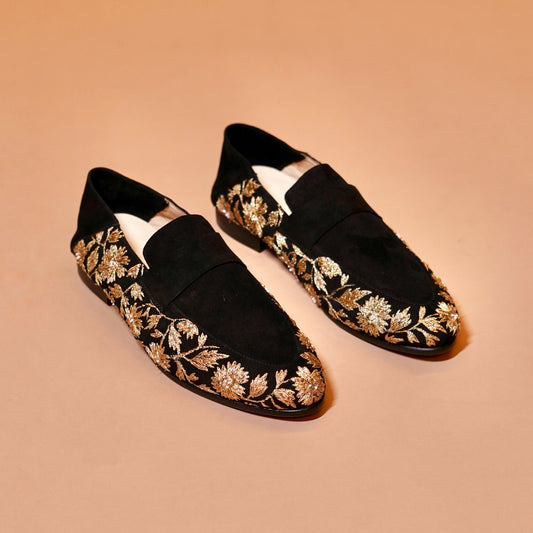 Black suede embroidered loafers for men