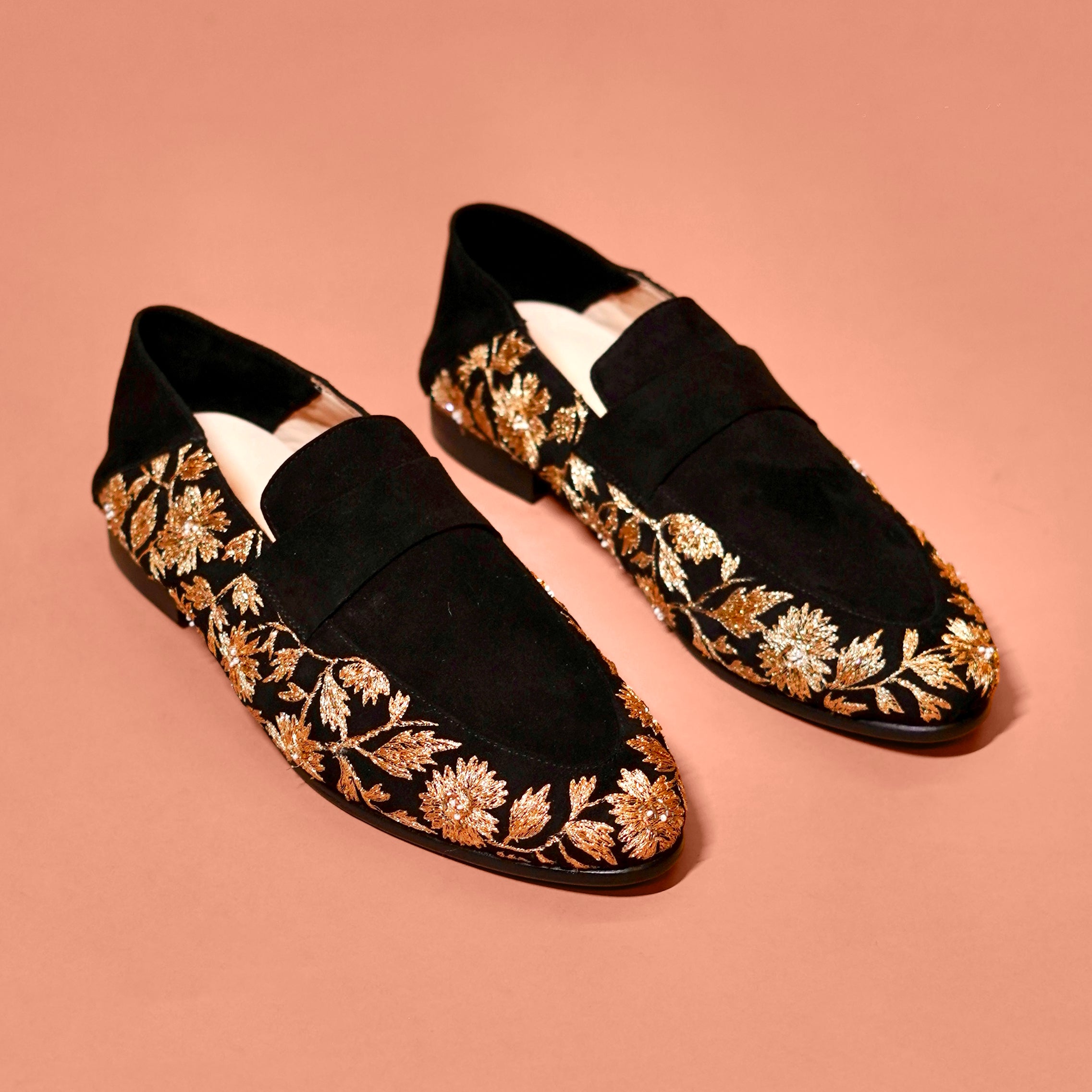 Ethnico Ricamo Oro – Black Suede Gold Embroidered Loafers for Men