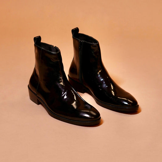 Black patent leather boots for men