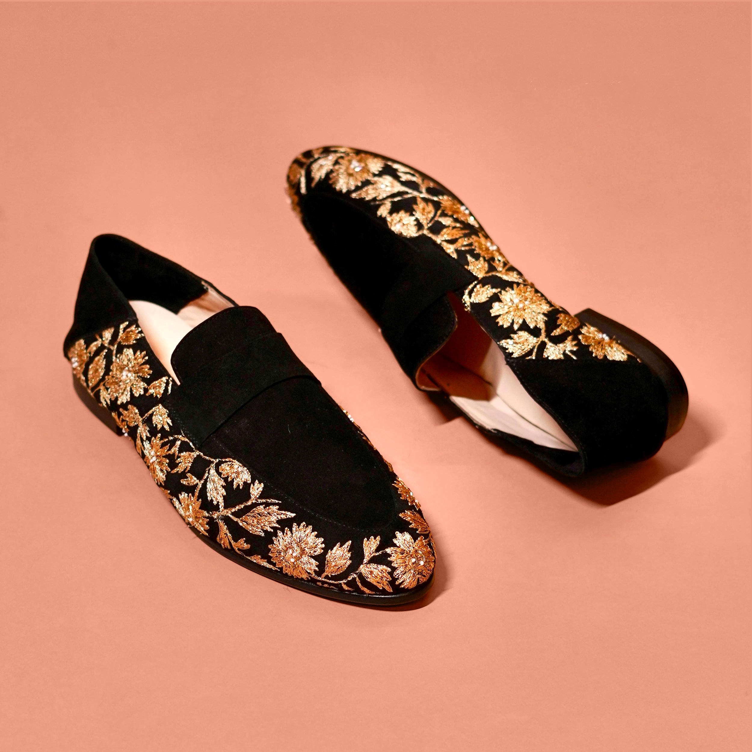 Ethnico Ricamo Oro – Black Suede Gold Embroidered Loafers for Men