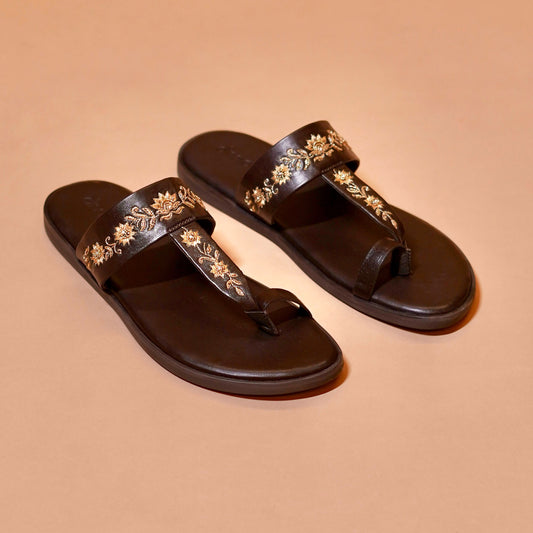 Dark brown embroidered sandals for men