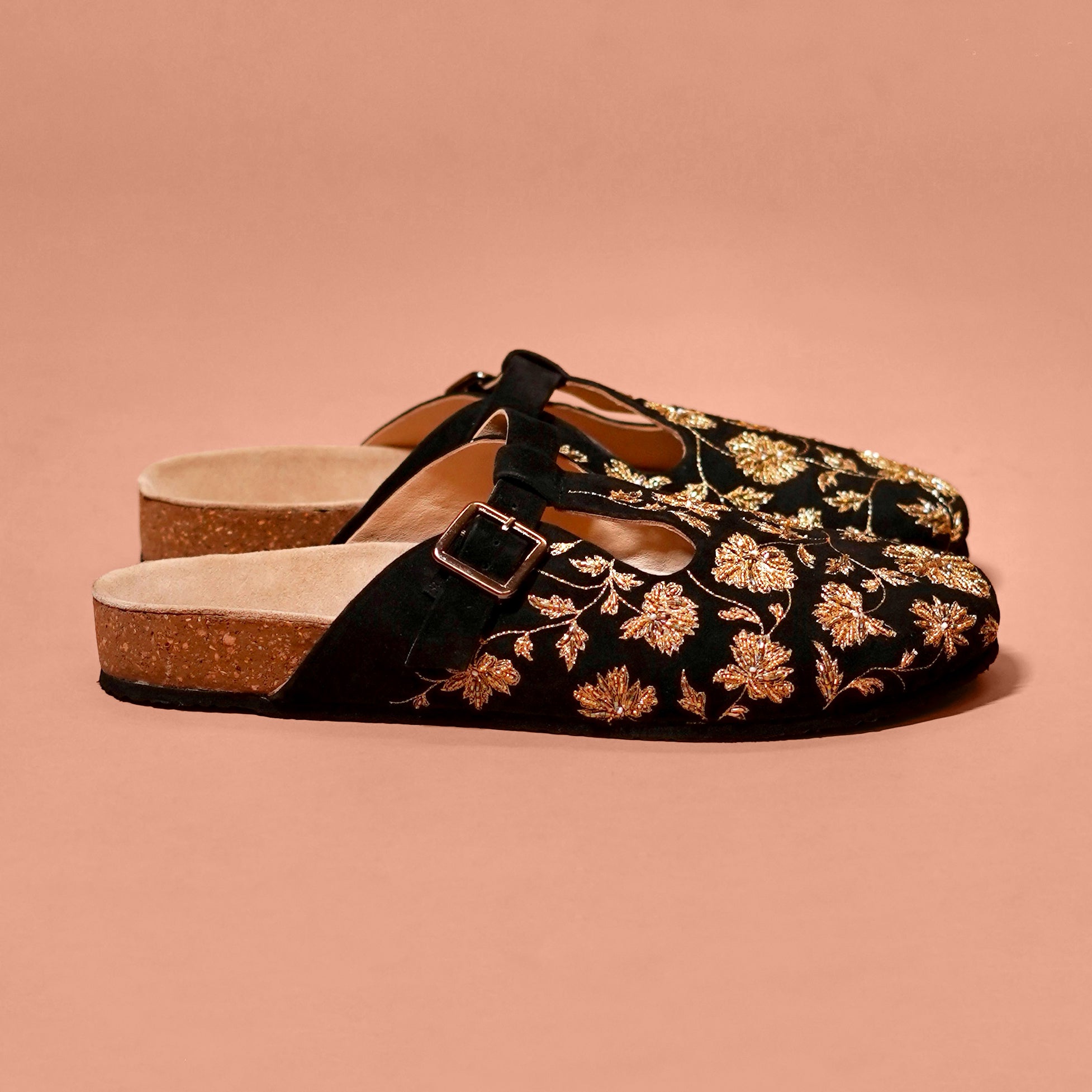 Hoffler Corko Ricamo Nero – Black Suede Embroidered Cork Clog Sandal for Men