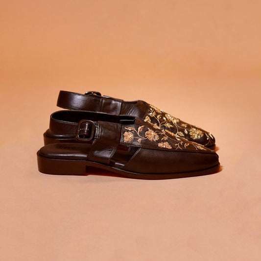 Floral embroidery leather sandals