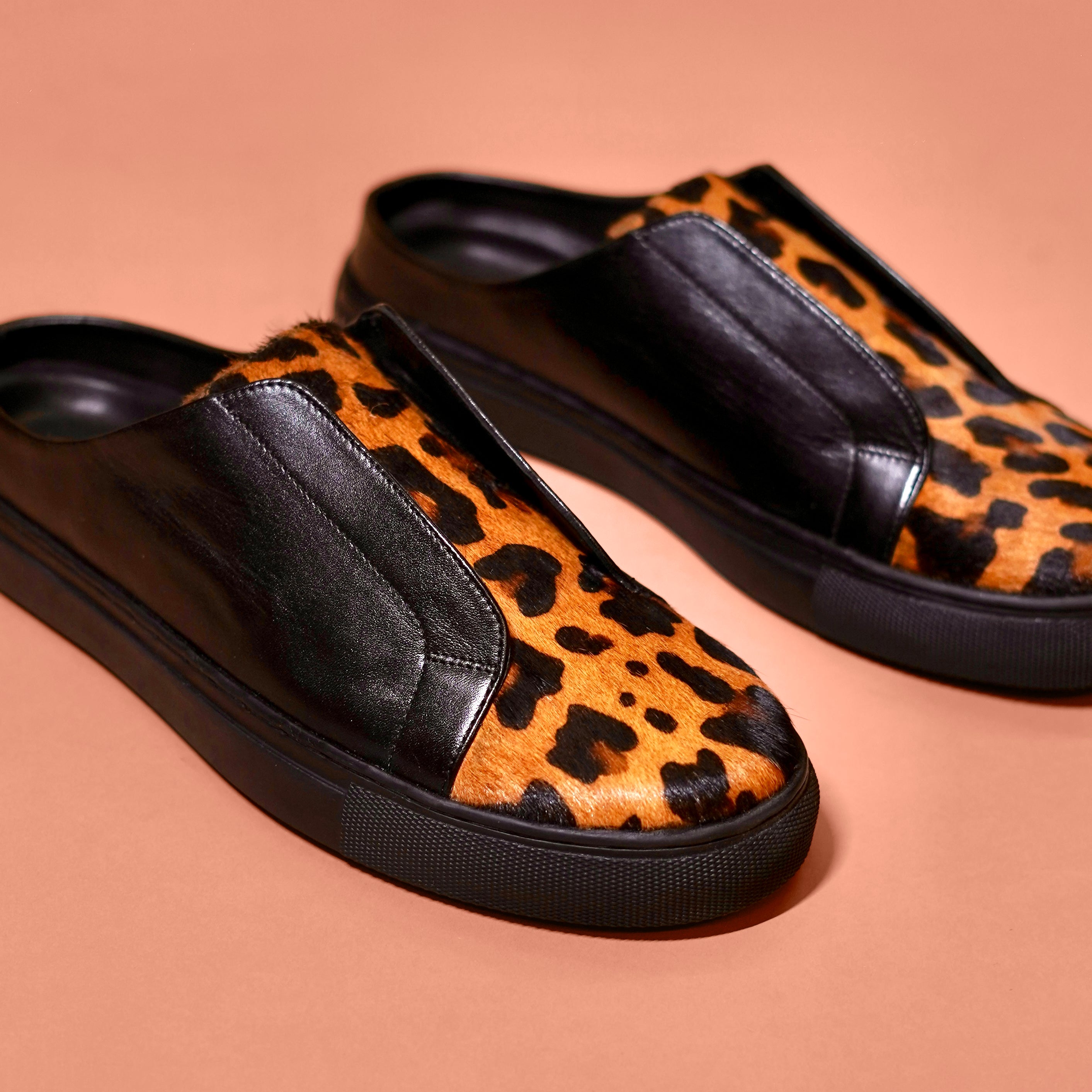 Leopardo Nero Sabot – Black Hair-On Leather Sneaker Mule for Men