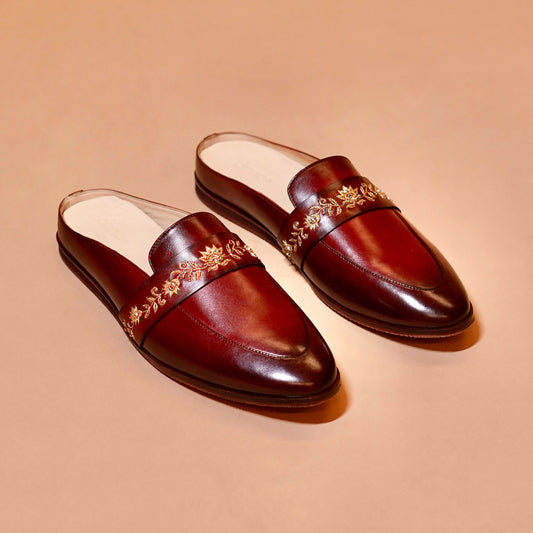 Maroon embroidered mules for men