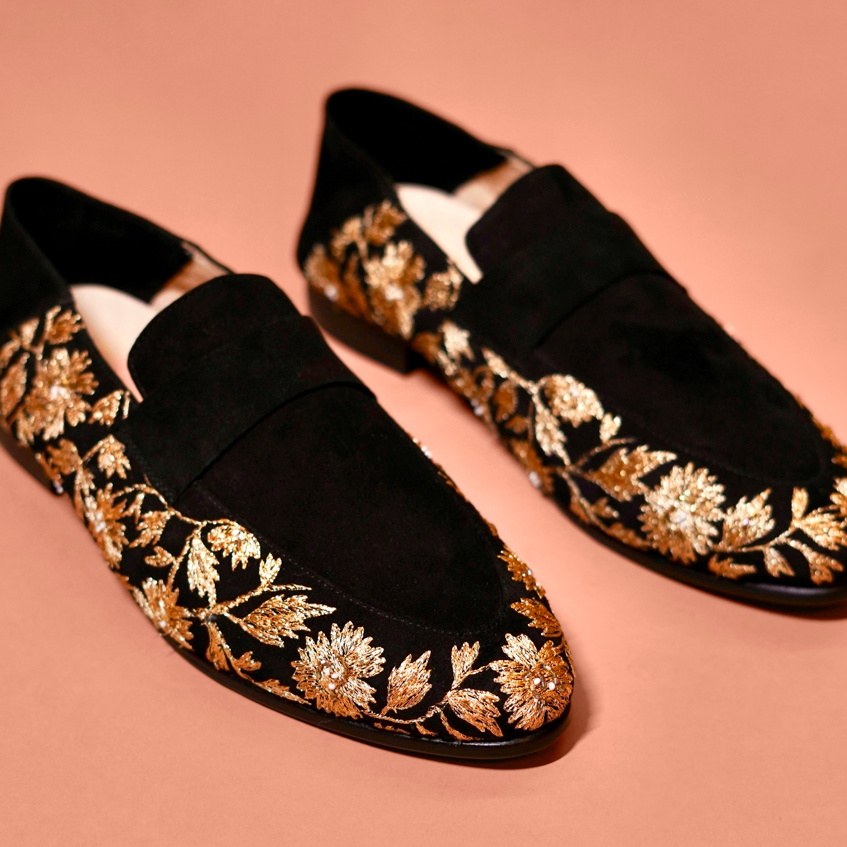 Ethnico Ricamo Oro – Black Suede Gold Embroidered Loafers for Men