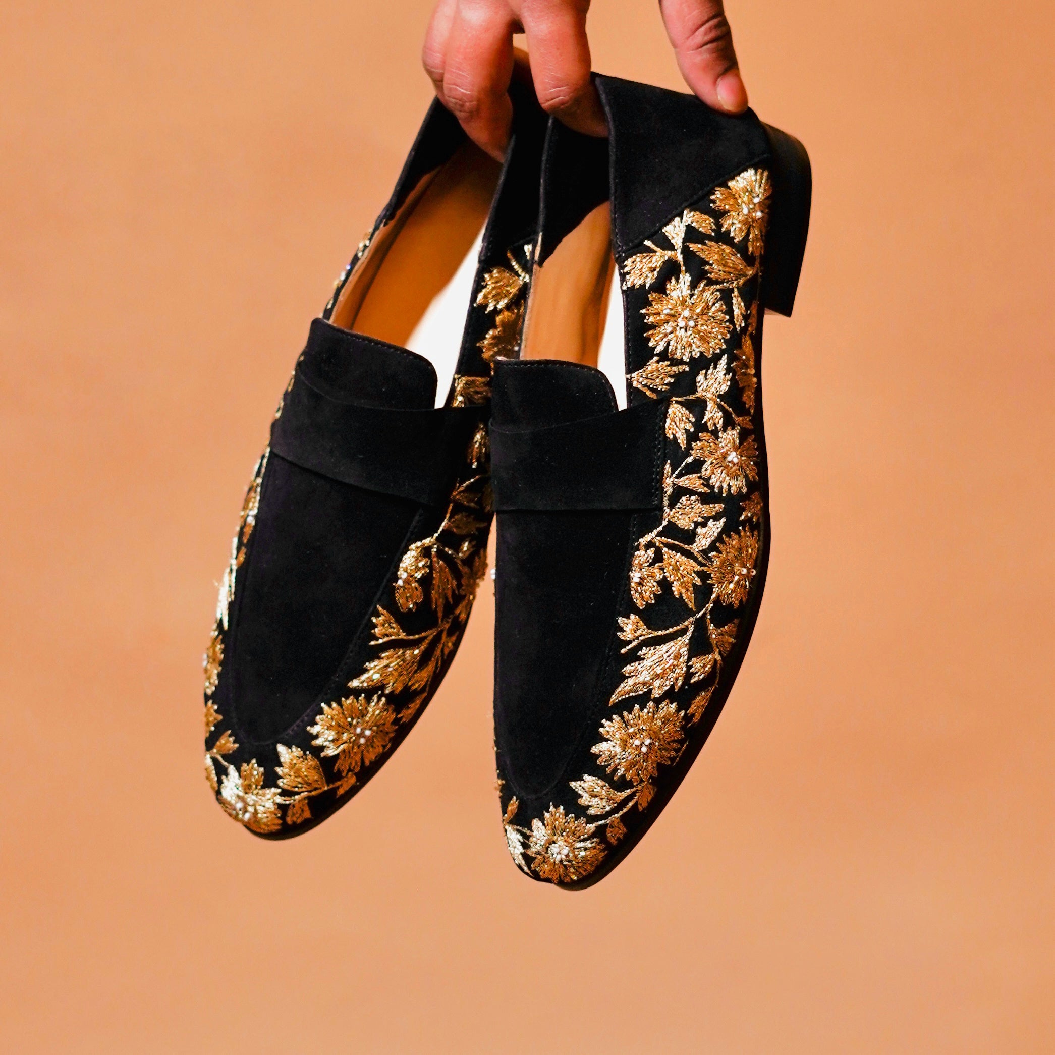 Ethnico Ricamo Oro – Black Suede Gold Embroidered Loafers for Men