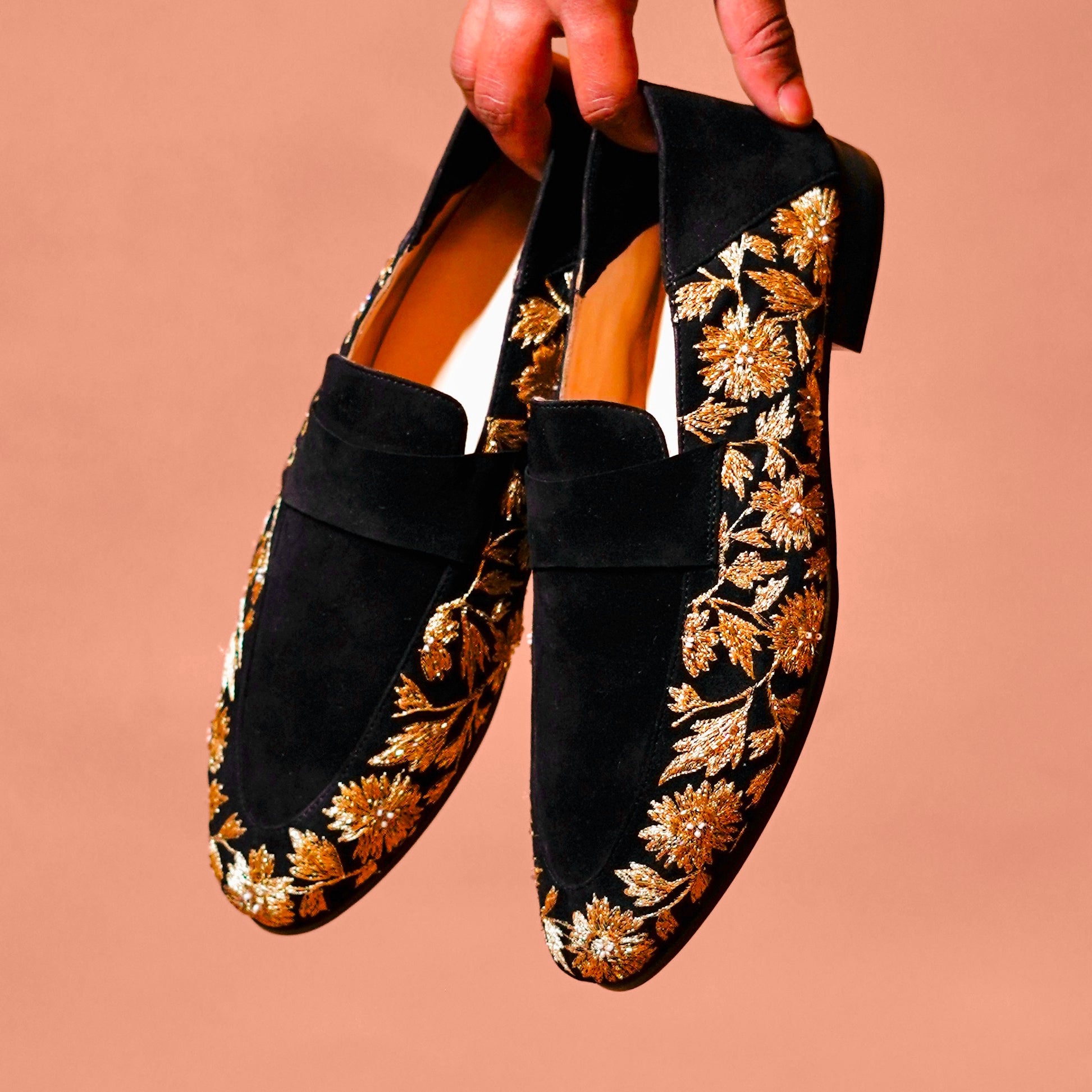Ethnico Ricamo Oro – Black Suede Gold Embroidered Loafers for Men