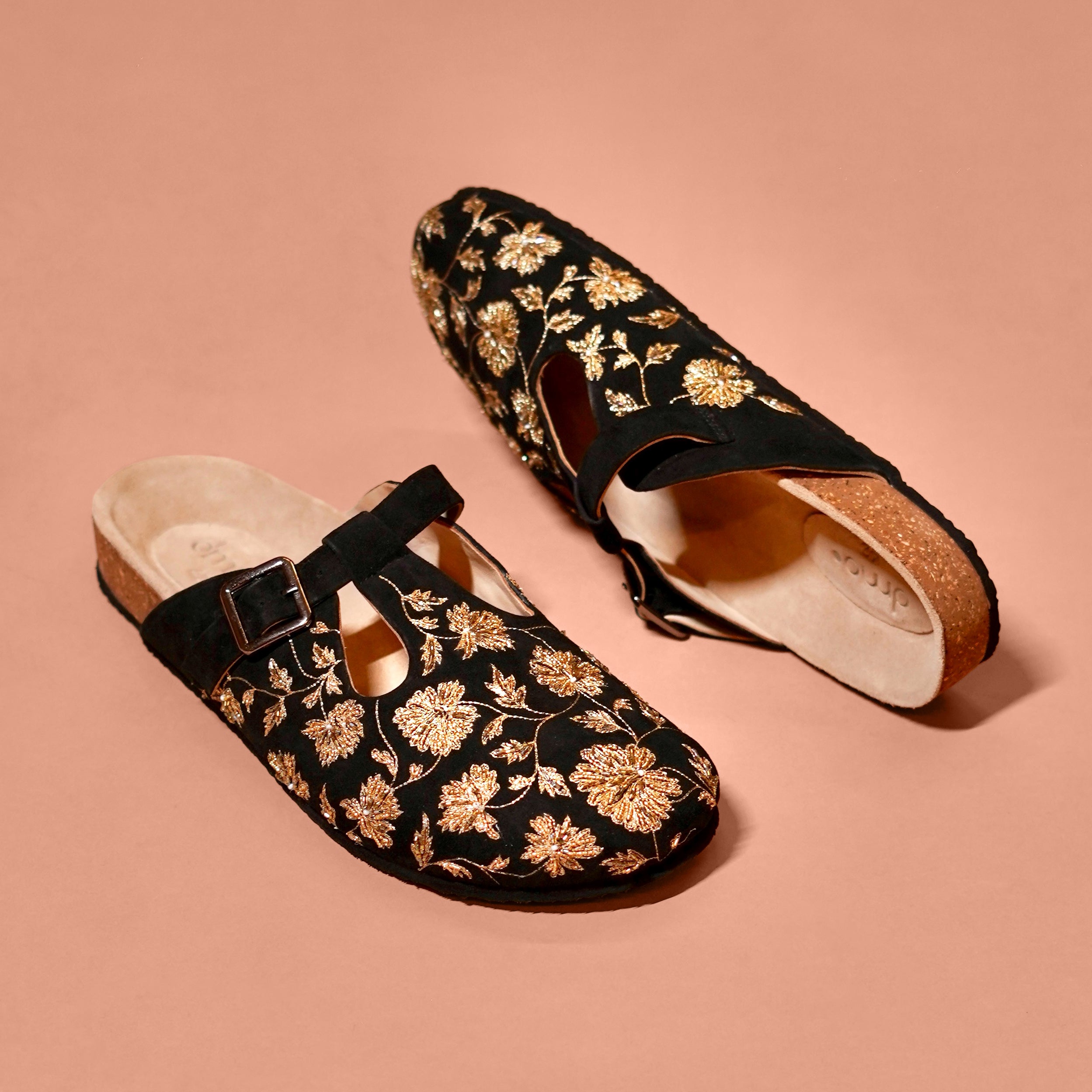 Hoffler Corko Ricamo Nero – Black Suede Embroidered Cork Clog Sandal for Men