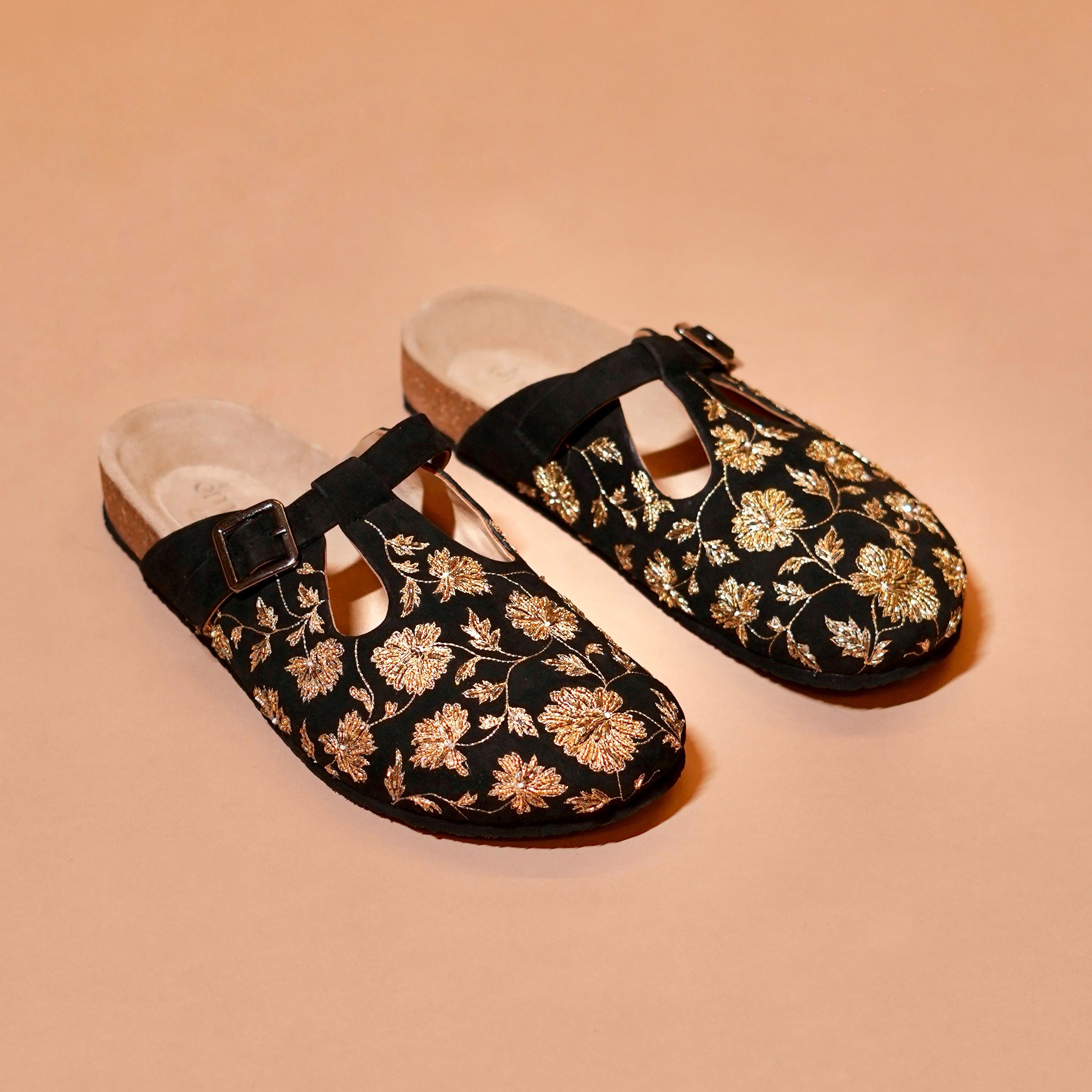 Black suede embroidered clog sandal for men