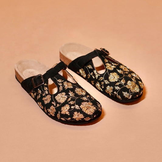 Black suede embroidered clog sandal for men