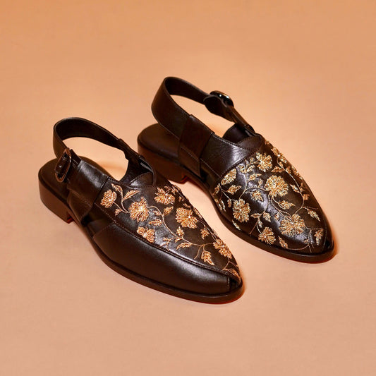 Brown embroidered Peshawari sandals for men