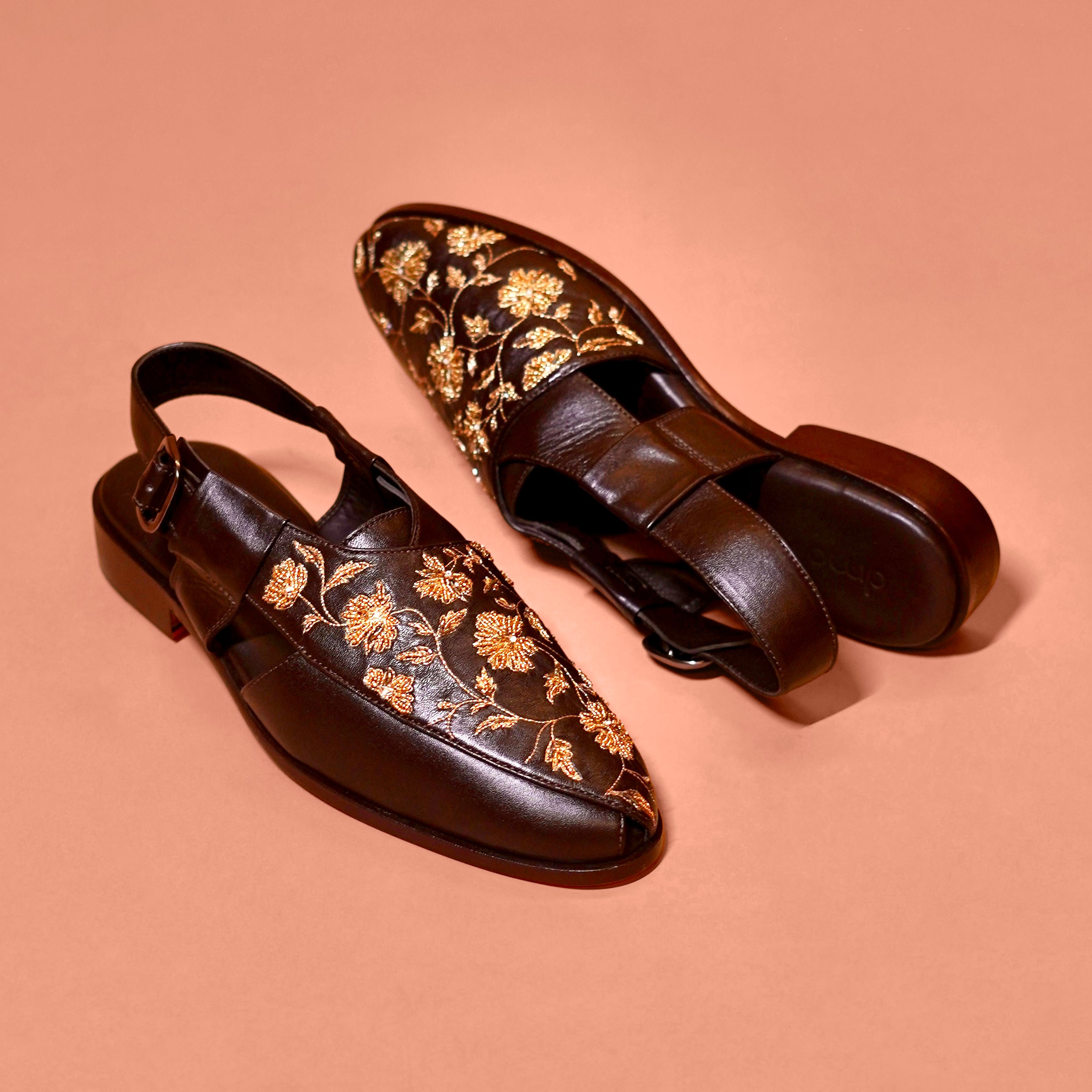 Pesha Ricamo Moro – Brown Floral Embroidered Peshawari Sandals for Men